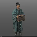 A Man In Traditional Blue Robe With Hat Holding Decorative Wooden Box