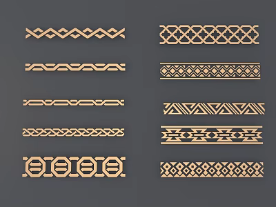 Collection Of Wooden Carved Decorative Trim Strips With Various Geometric Patterns 3d model