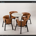 Elegant Dining Table Set With Round White Marble Top And Brown Leather Chairs 3d model