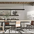 Modern Restaurant Interior With Wooden Ceiling Pendant Lights And Dining Chairs