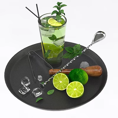 Fresh Lime Mint Drink With Ice Cubes And Bar Tools On Black Tray 3d model