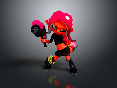Cute Cartoon Doll With Pink Hair Holding Weapon Black Outfit And Yellow Straps 3d model