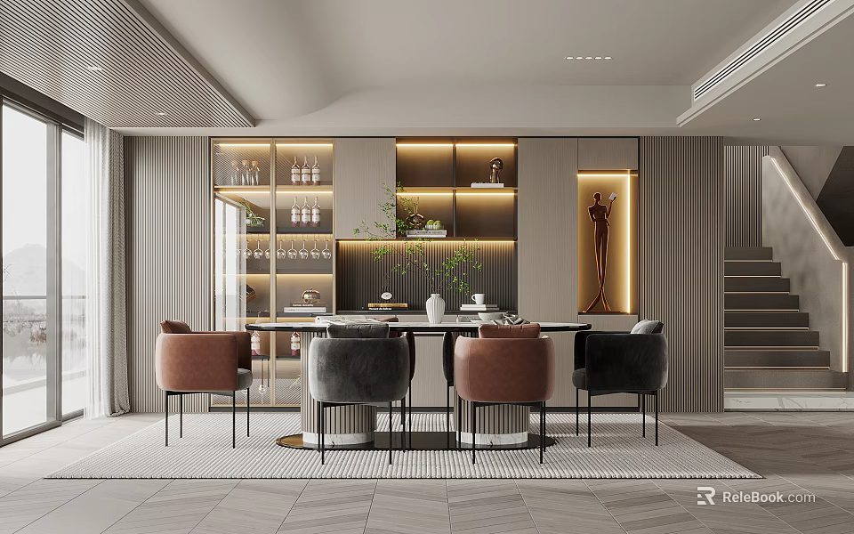 Modern Restaurant Interior Design With Dining Table Chairs Wine Cabinet And Lighting 3d model