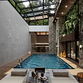 Luxurious Basement With Indoor Swimming Pool Glass Skylight Wooden Ceiling And Green Plant Wall