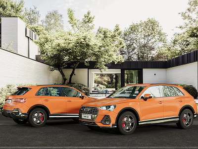 Two Orange Audi SUVs Parked By Modern House And Trees 3d model Two Orange Audi SUVs Parked By Modern House And Trees 3d model