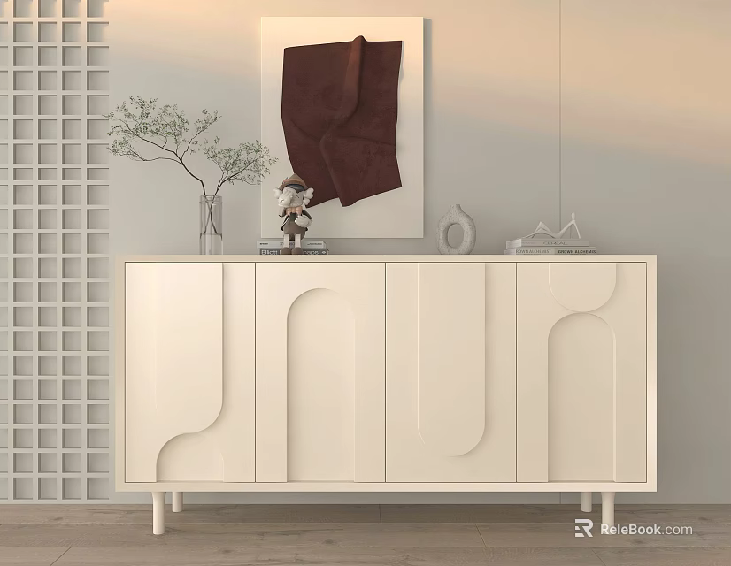 Modern White Entryway Console Table with Curved Door Design Decor Items and Wall Art 3d model