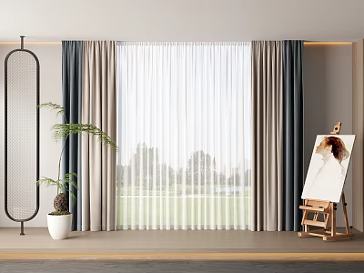 Modern Layered Curtains In Navy Blue Beige White For Window With Green View Interior Decor 3d model
