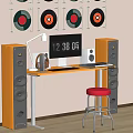Orange Functional Desk With Computer Headphones Clock And Red Stool Near Speakers And Vinyl Records