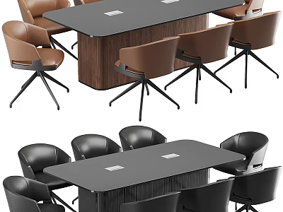 Modern Office Table And Chair Set With Brown Black Chairs And Dark Tabletop 3d model