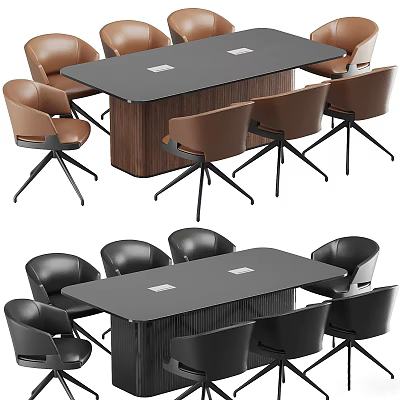 Modern Office Table And Chair Set With Brown Black Chairs And Dark Tabletop 3d model