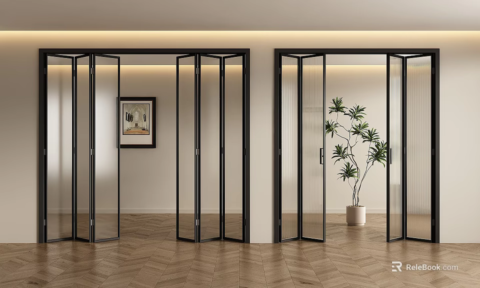 Glass Folding Doors With Black Frames In Modern Interior Wooden Floor 3d model 