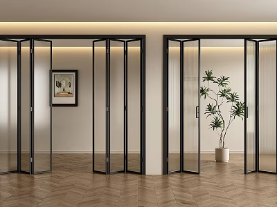 Glass Folding Doors With Black Frames In Modern Interior Wooden Floor 3d model