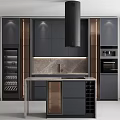 Modern Kitchen Design Featuring Dark Gray Cabinets Marble Backsplash And Island Counter With Wine Cooler