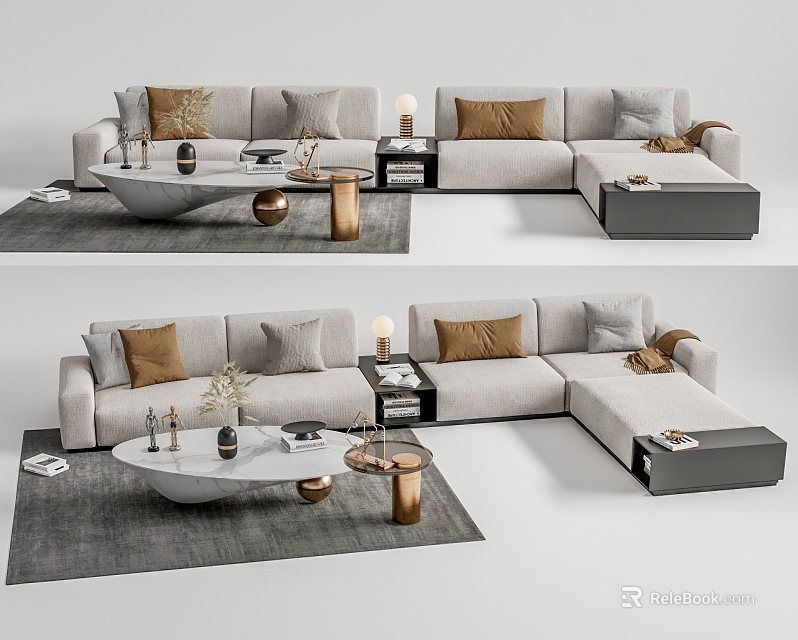 Modern L Shaped Sofa And Coffee Table Set With Brown Pillows And Marble Top 3d model 
