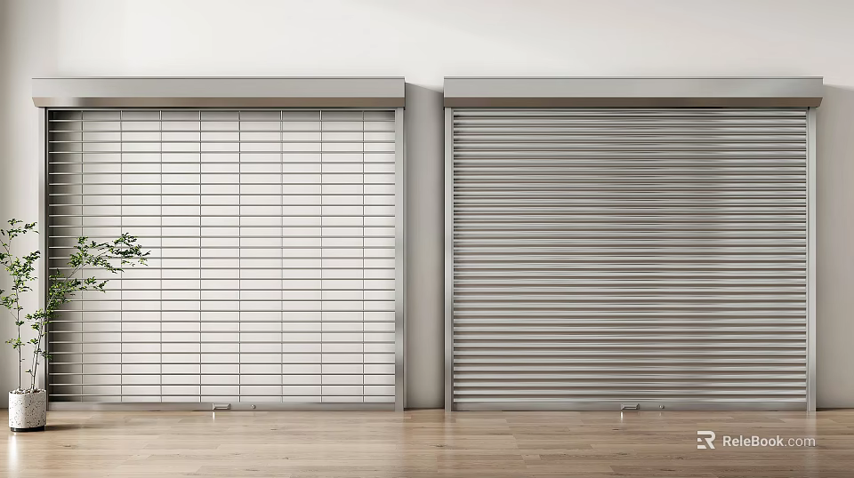 White Grid And Silver Roller Shutters With Wooden Floor White Wall Small Plant 3d model 