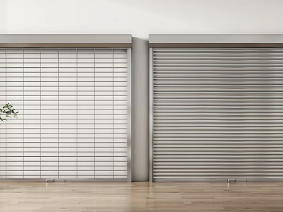 White Grid And Silver Roller Shutters With Wooden Floor White Wall Small Plant 3d model