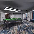Elegant Billiard Room Interior With Green Table Overhead Lighting Blue Carpet Cue Rack And Plant