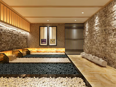 SPA Sauna Interior Design With Stone Walls Pebble Floors Warm Lighting And Framed Artworks 3d model