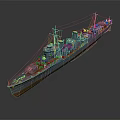 Vintage Naval Warship 3D Model with Gray Hull Orange Bottom Masts and Smokestacks