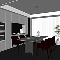 Modern Restaurant Interior With White Cabinets Red Chairs And Rectangular Dining Table 3d model
