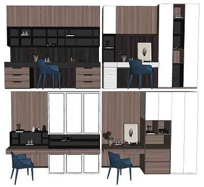 Modern Wooden Desk With Drawers Blue Chair Upper Cabinets And Window View 3d model