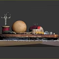 Assorted Household Items on Decorative Tray with Thread Spools Scissors and Lace Cloth