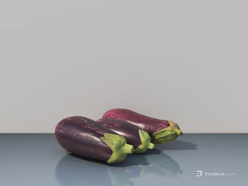 Fresh Purple Eggplants With Green Stems On Smooth Reflective Surface 3d model 