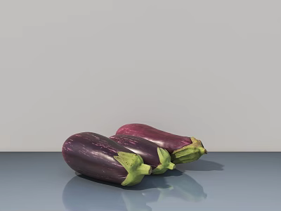 Fresh Purple Eggplants With Green Stems On Smooth Reflective Surface 3d model