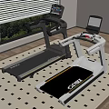 Indoor Fitness Space With Two Black And White Treadmills On Patterned Carpet