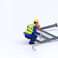 Man in Yellow Hard Hat and Safety Vest Crouching to Measure Metal Frame with Tools