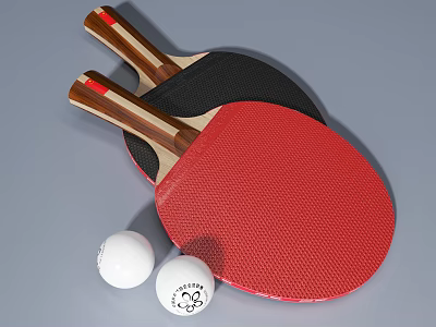 Table Tennis Sports Equipment Red Black Rackets with Wooden Handles and White Balls 3d model