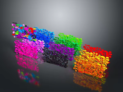 Vibrant Plant Shaped 3D Models with Multiple Colors Arranged Together on Reflective Surface 3d model