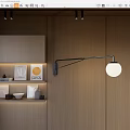 Modern Adjustable Arm Wall Lamp on Wooden Wall with Shelf and Decorative Items