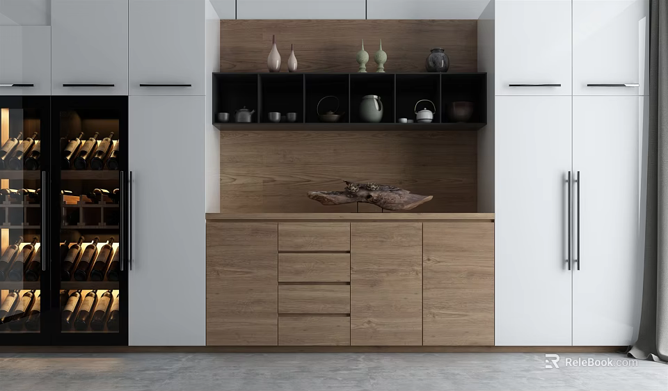 Modern Kitchen Cabinet Shelf With Wooden Design Drawers White Cabinets And Decorative Vases 3d model 