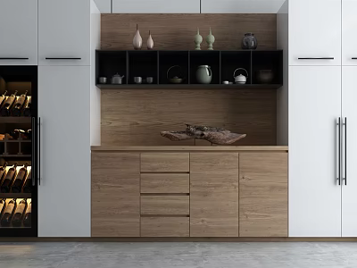 Modern Kitchen Cabinet Shelf With Wooden Design Drawers White Cabinets And Decorative Vases 3d model