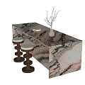 Elegant Bar Counter With Marble Top And Brown Stools With Decorative Vase