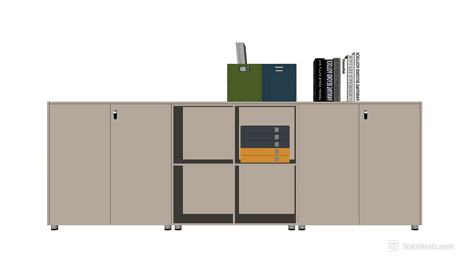 Modern Bookcase Design With Cabinets Open Compartments Colored Folders And Books 3d model