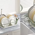 Green Dish Rack With Plates Pans Glass Cups And Utensils