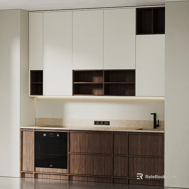 Modern Kitchen Interior With White Cabinets Dark Wooden Shelves Light Countertop Black Oven And Faucet 3d model 