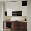 Modern Kitchen Interior With White Cabinets Dark Wooden Shelves Light Countertop Black Oven And Faucet