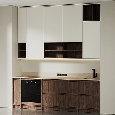 Modern Kitchen Interior With White Cabinets Dark Wooden Shelves Light Countertop Black Oven And Faucet 3d model