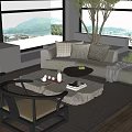 Hotel Public Lounge Area Interior With Large Windows Mountain And Lake Views Sofa Coffee Table