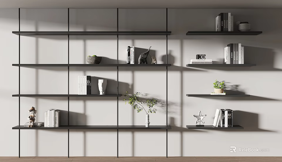 Modern Black Metal Shelving Unit With Books Decorative Items And Potted Plant Against White Wall 3d model 
