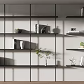 Modern Black Metal Shelving Unit With Books Decorative Items And Potted Plant Against White Wall