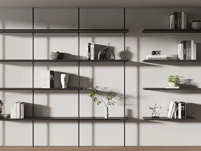 Modern Black Metal Shelving Unit With Books Decorative Items And Potted Plant Against White Wall 3d model
