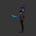 Game Fantasy Character With Purple Hood Red Black Cropped Top Fishnet Waist Glowing Blue Orbs