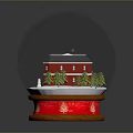 Decorative Snow Globe with Red House Green Trees Inside on Wooden Red Base