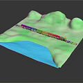 Colorful Train on Track in Green Mountain Terrain with Blue Water Area