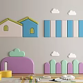 Colorful Soft Cushioned Wall Decor With House Shaped Cloud And Fence For Kids Room