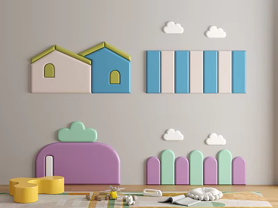 Colorful Soft Cushioned Wall Decor With House Shaped Cloud And Fence For Kids Room 3d model